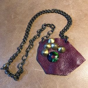 Leather studded rhinestone chain mix necklace